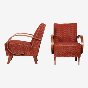 Pair of red czech artdeco beech armchairs by jindrich halabala, up zavody, 1930s