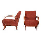 Pair of red czech artdeco beech armchairs by jindrich halabala, up zavody, 1930s