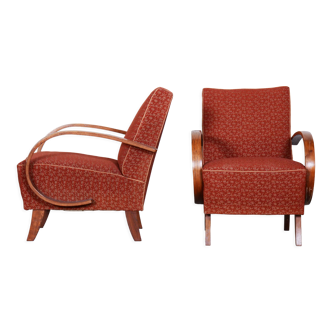 Pair of red czech artdeco beech armchairs by jindrich halabala, up zavody, 1930s