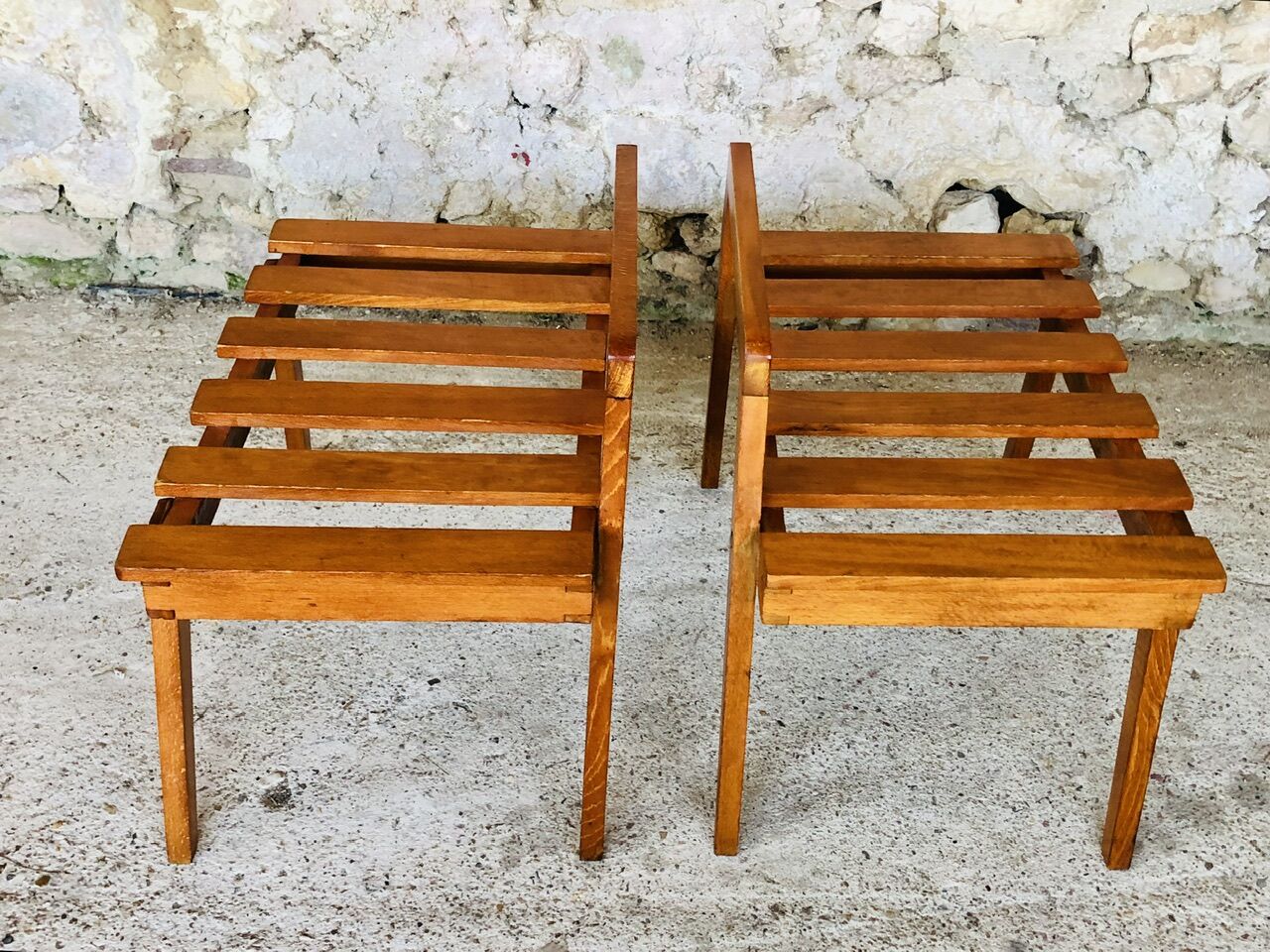 Pair of slatted side tables, Scandinavian style, 60s