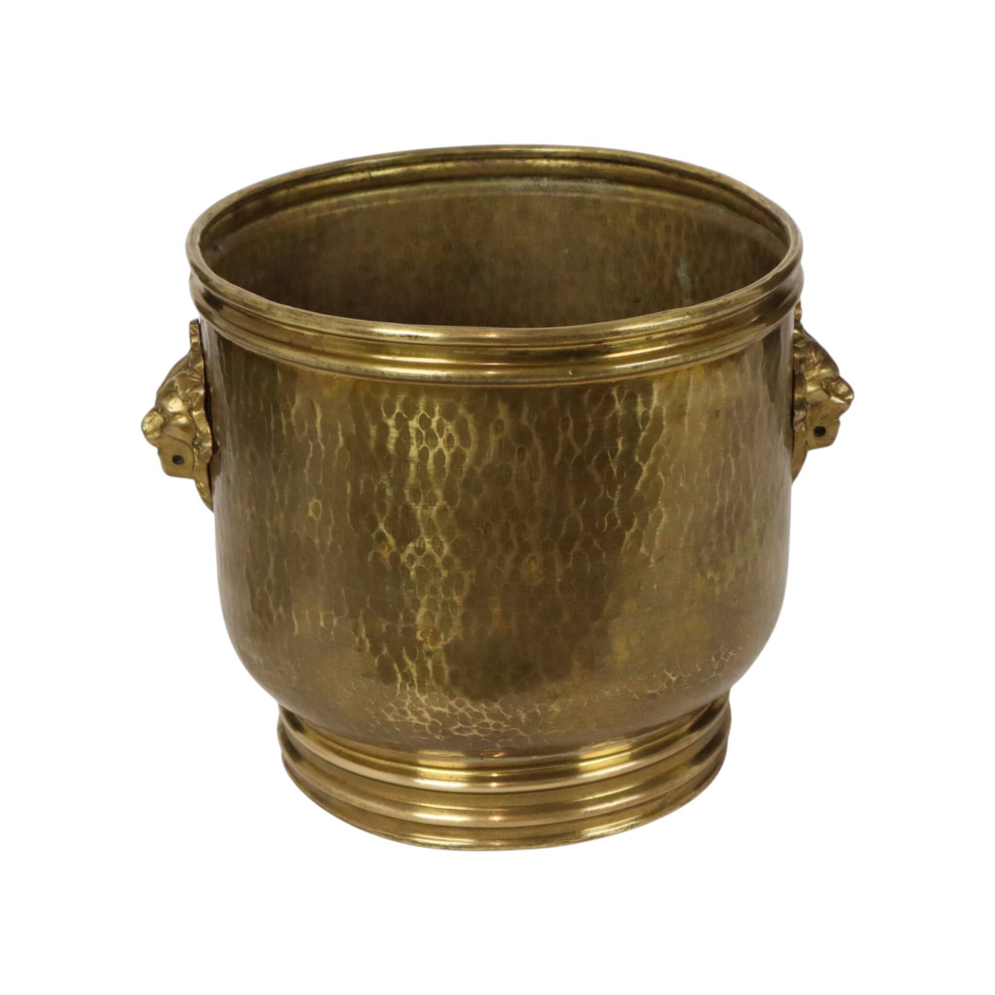 Large Hammered Brass Jardinière/Planter with Lion Heads
