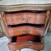 Lady's demi-lune commode in Louis XV style with marquetry and gilded bronze.