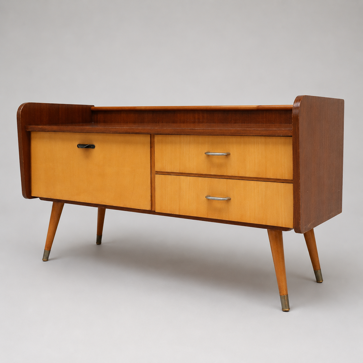 Vintage low sideboard hallway cabinet with flap and 2 drawers