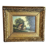 Barbizon School 19th century - Oil on panel - Washerwoman mill landscape - 1870