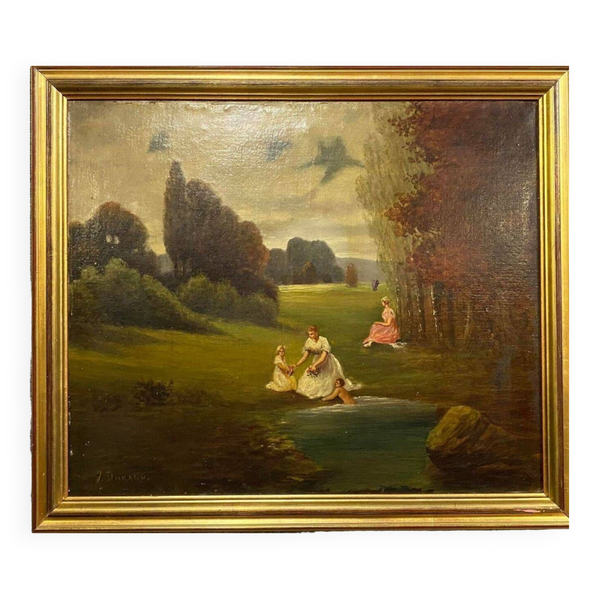 École Française vers 1880 : paysage lacustre animé signé J Durand