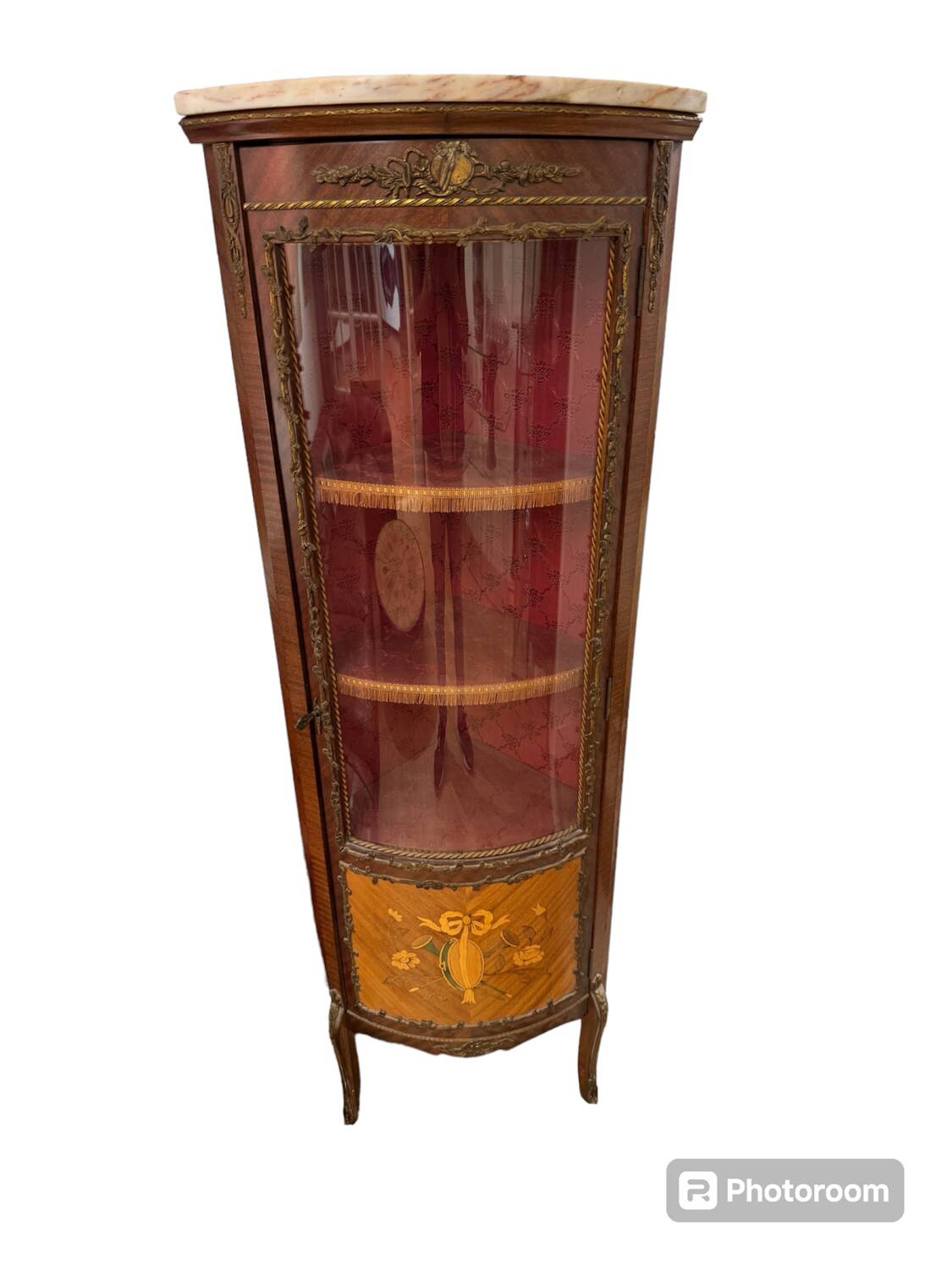Corner display case in wood veneer with musical instrument marquetry