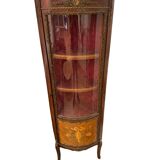 Corner display case in wood veneer with musical instrument marquetry