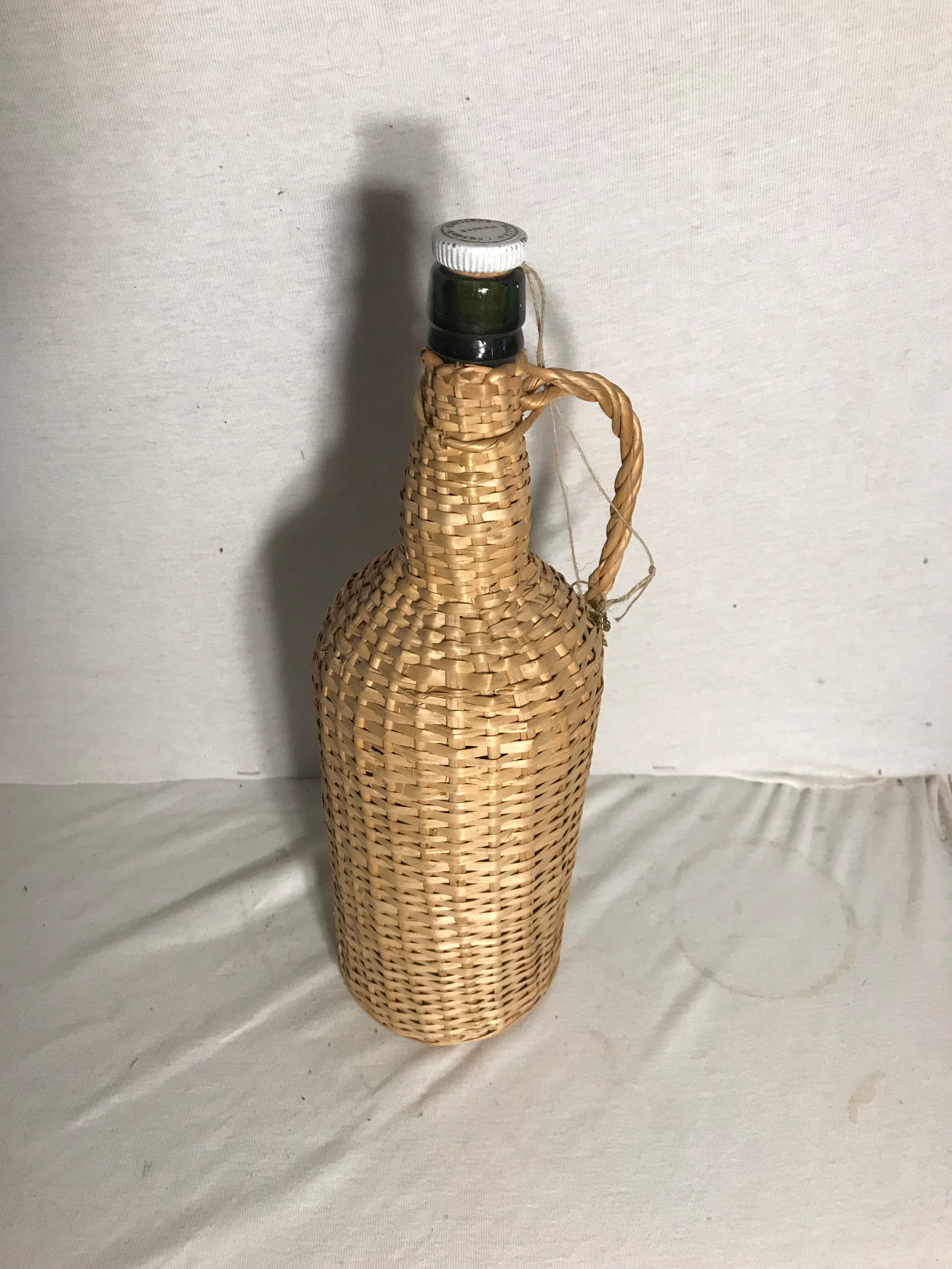Demijohn bottle old woven wicker rattan + cove bottle vintage