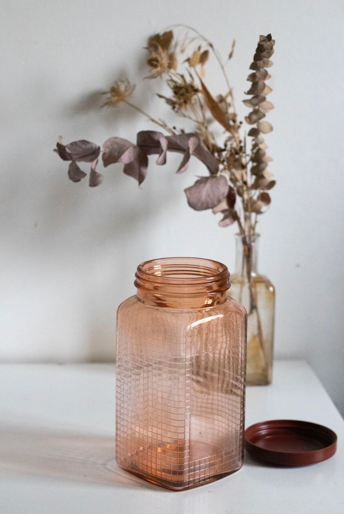 Vintage pink glass grocery jar