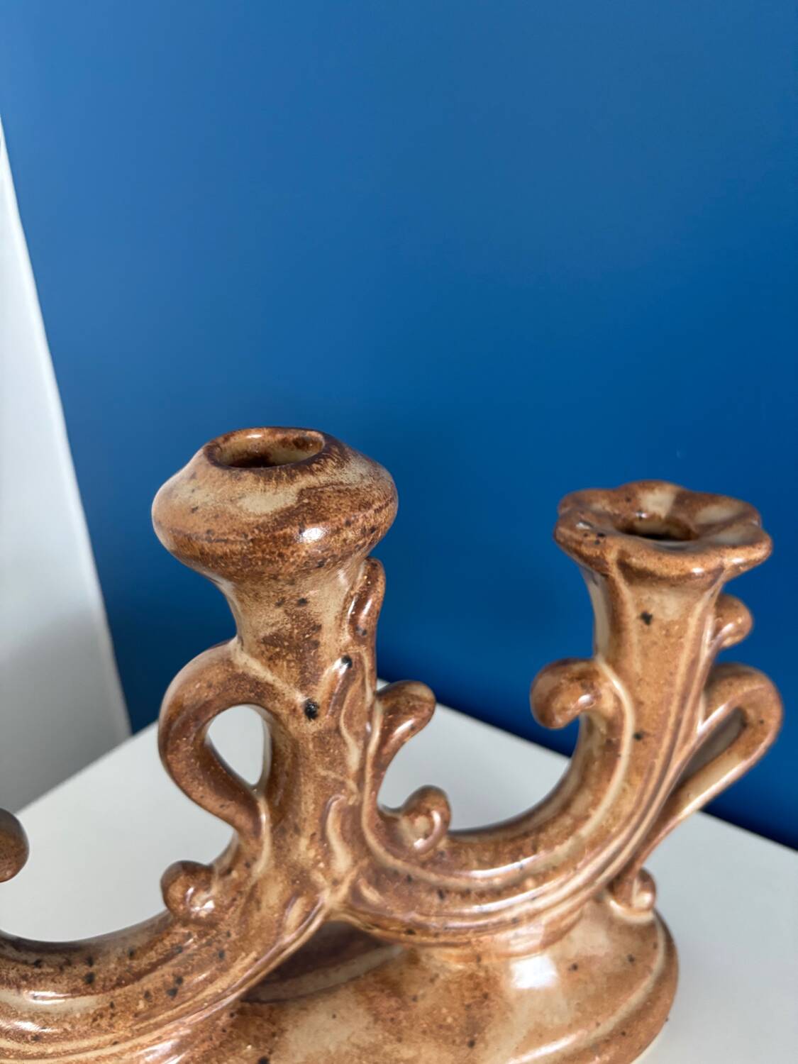 Vintage brown ceramic rustic style candlestick - vintage candle holder