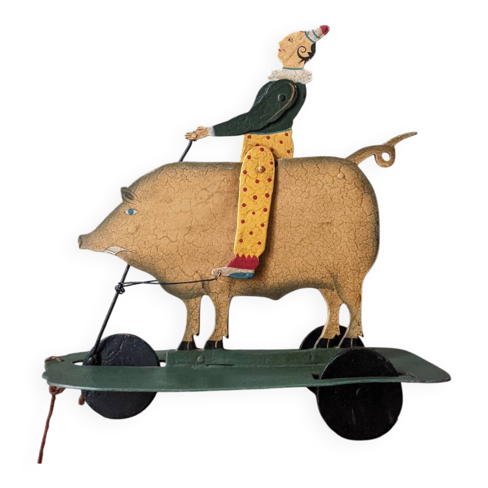 Antique pull toy, metal, hand-painted decoration, clown circus