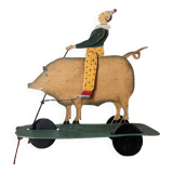 Antique pull toy, metal, hand-painted decoration, clown circus