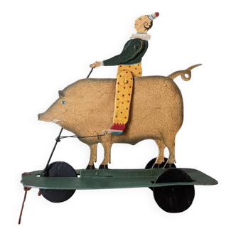 Antique pull toy, metal, hand-painted decoration, clown circus