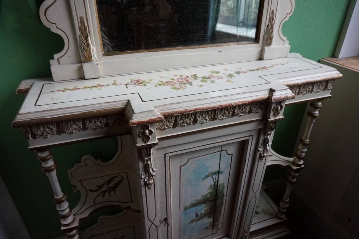 Italian hand-painted Console Table with Mirror and floral painting