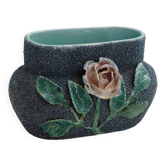 Antique jardinière with rose design in barbotine pottery.