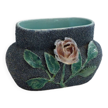 Antique jardinière with rose design in barbotine pottery.