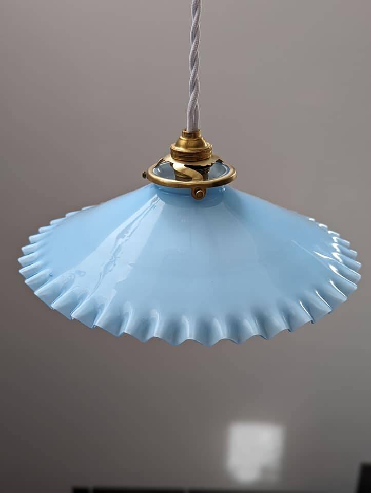 Suspension lampshade opaline serrated pale blue art deco Ø24.5