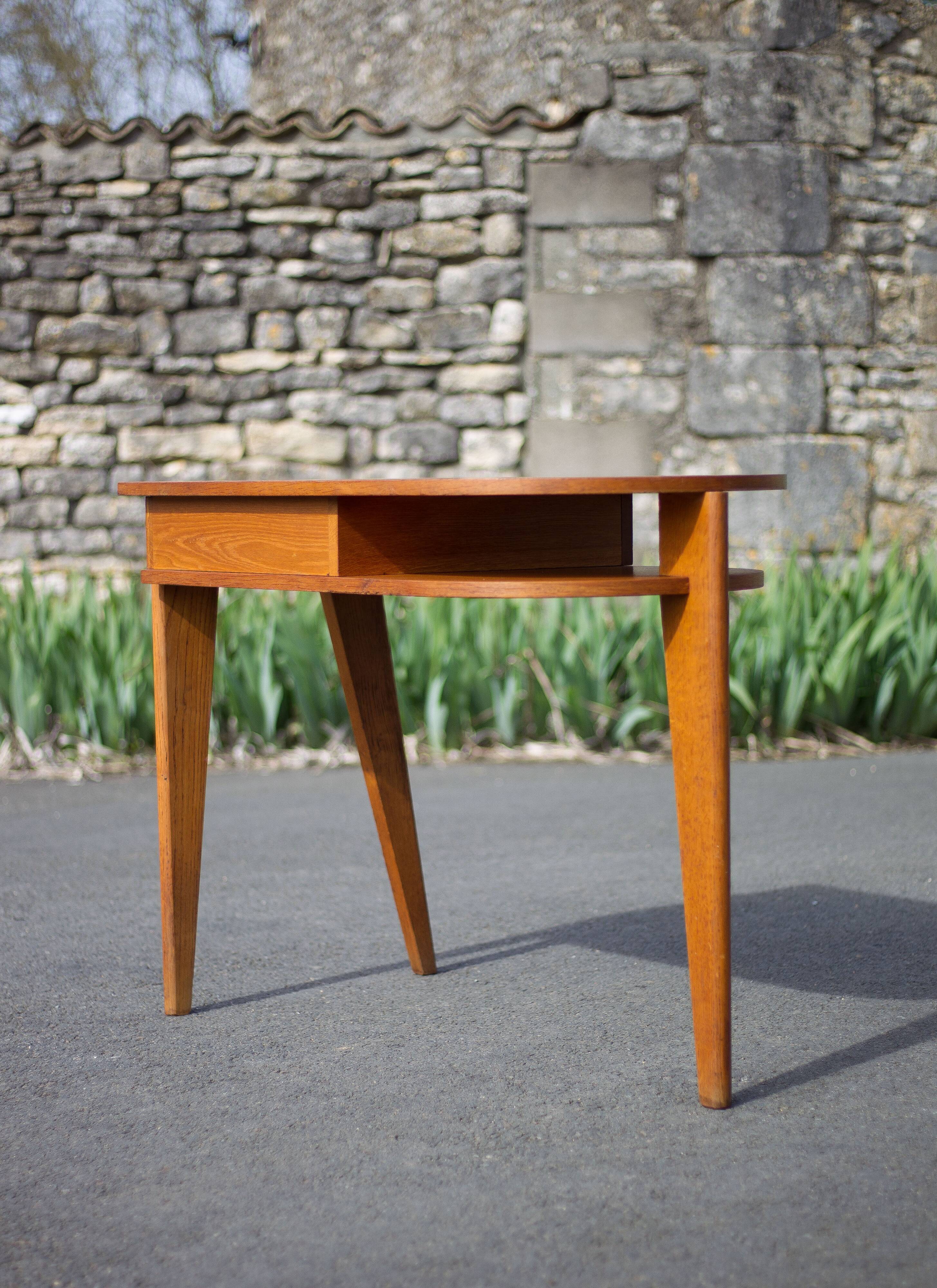 desk, tripod wooden desk, small French designer desk, modernist desk, 50's
