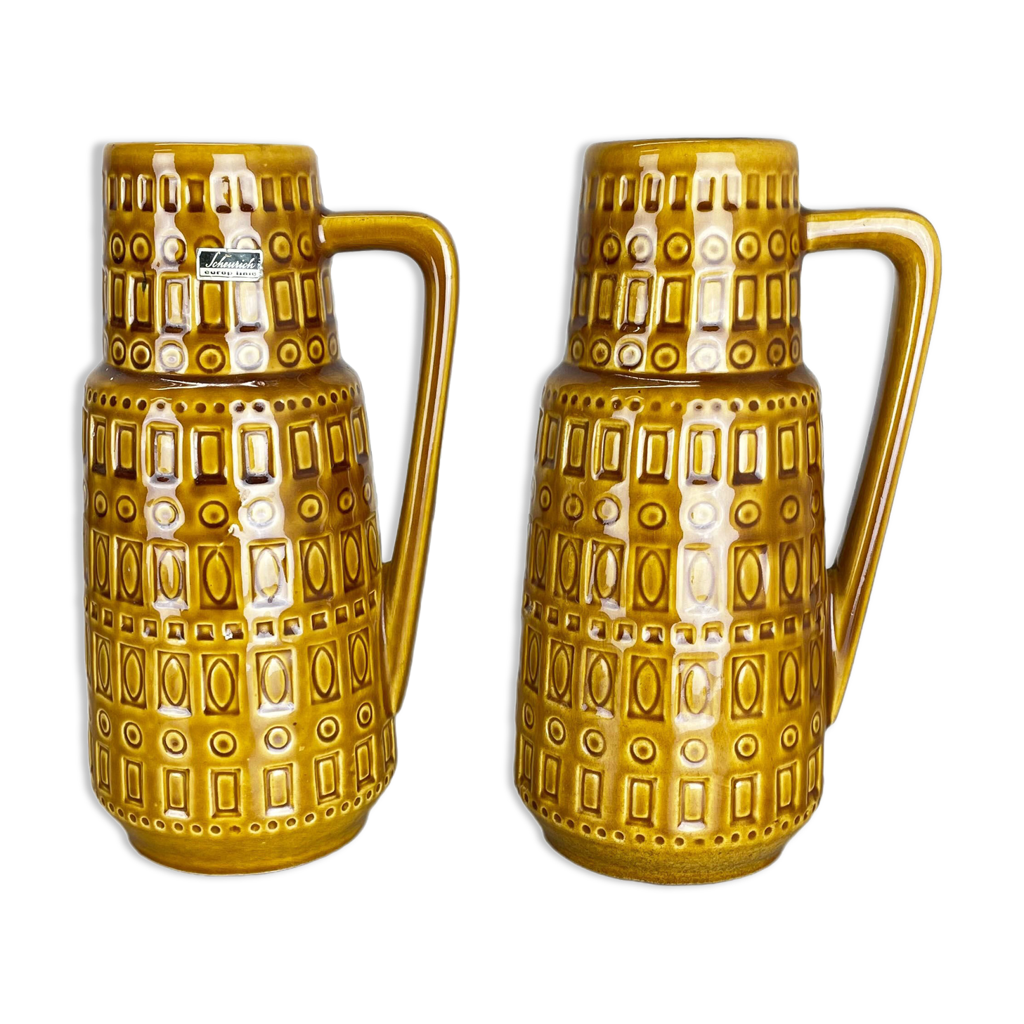 Set of Two Pottery Fat Lava Vases "ochre pattern" by Scheurich, Germany, 1970s