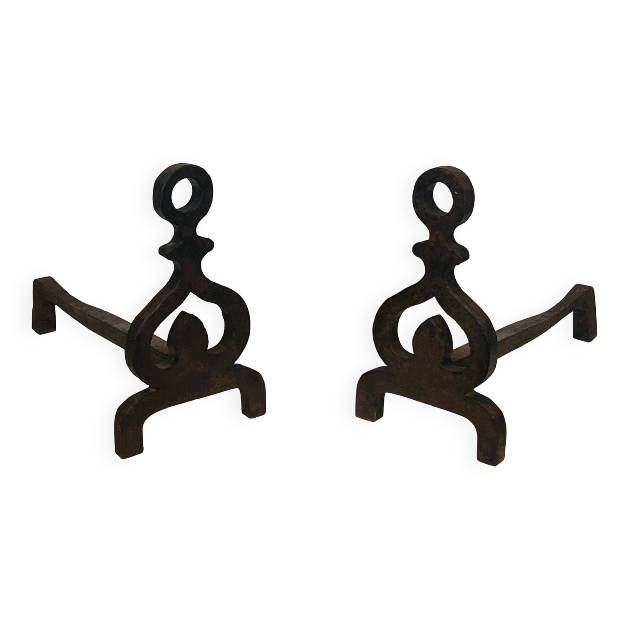 Pair of modernist wrought iron fire dogs.