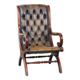 Green Vintage Leather English Chesterfield Armchair Combined with Wood