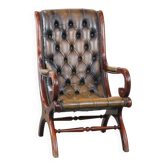 Green Vintage Leather English Chesterfield Armchair Combined with Wood