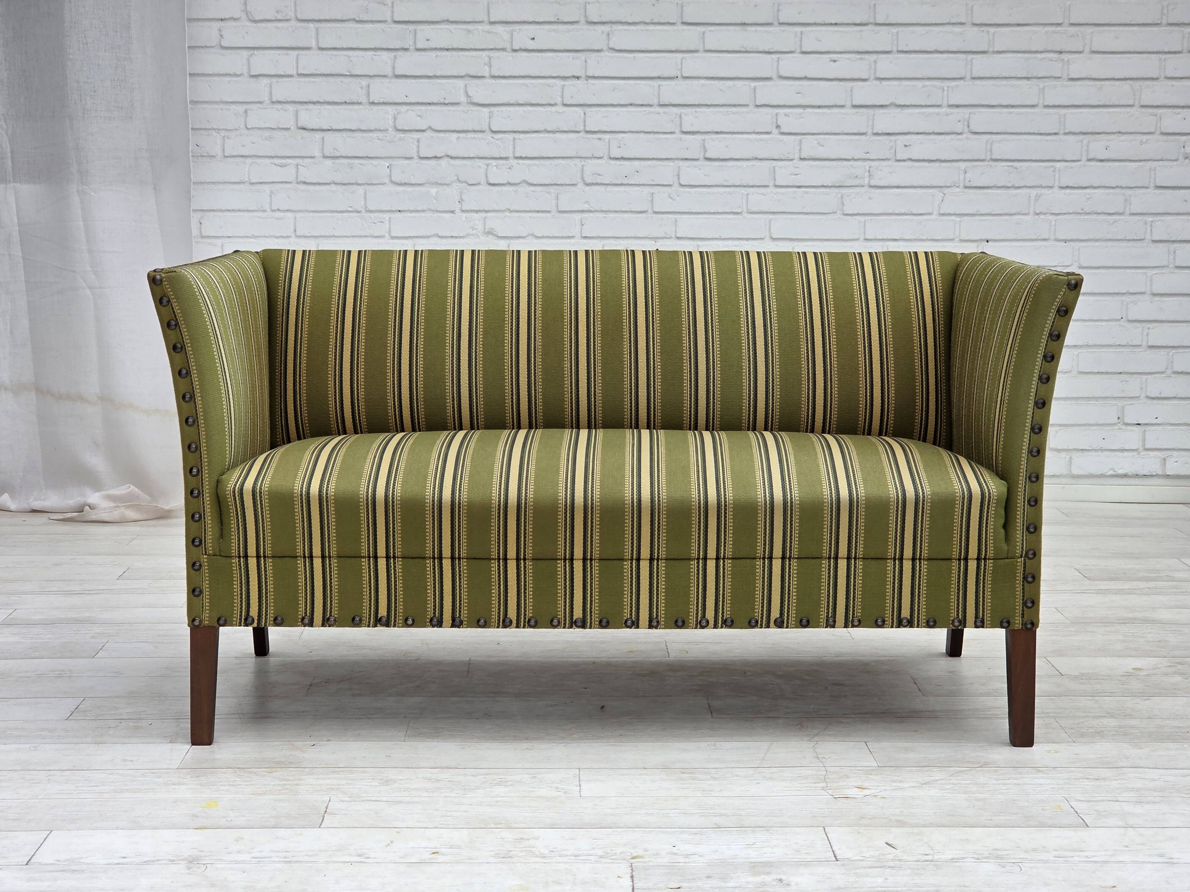 1970s, Danish 2-seater sofa, original green furniture wool, beech wood.