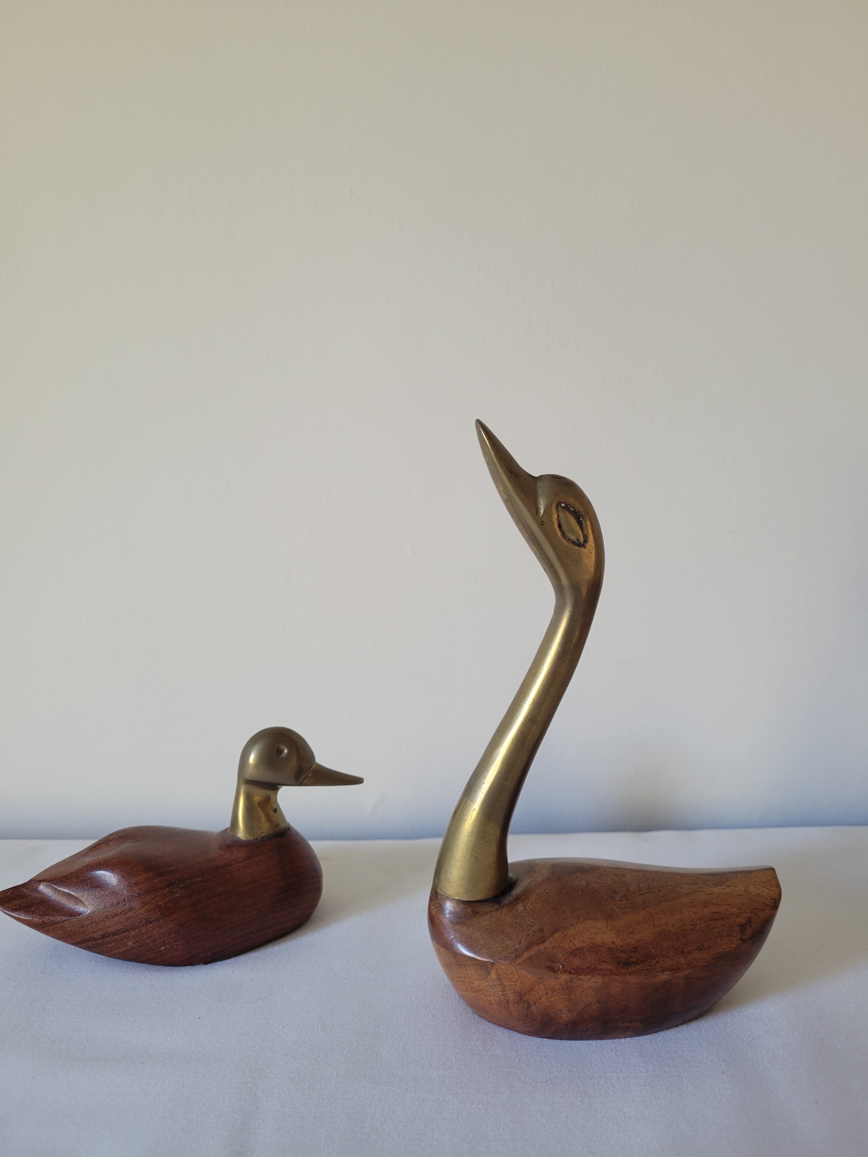 Duck and swan in brass and wood