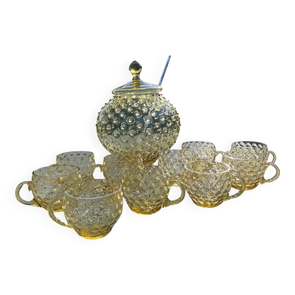 Service à punch vintage en verre ambré esprit Empoli ,années 60-70