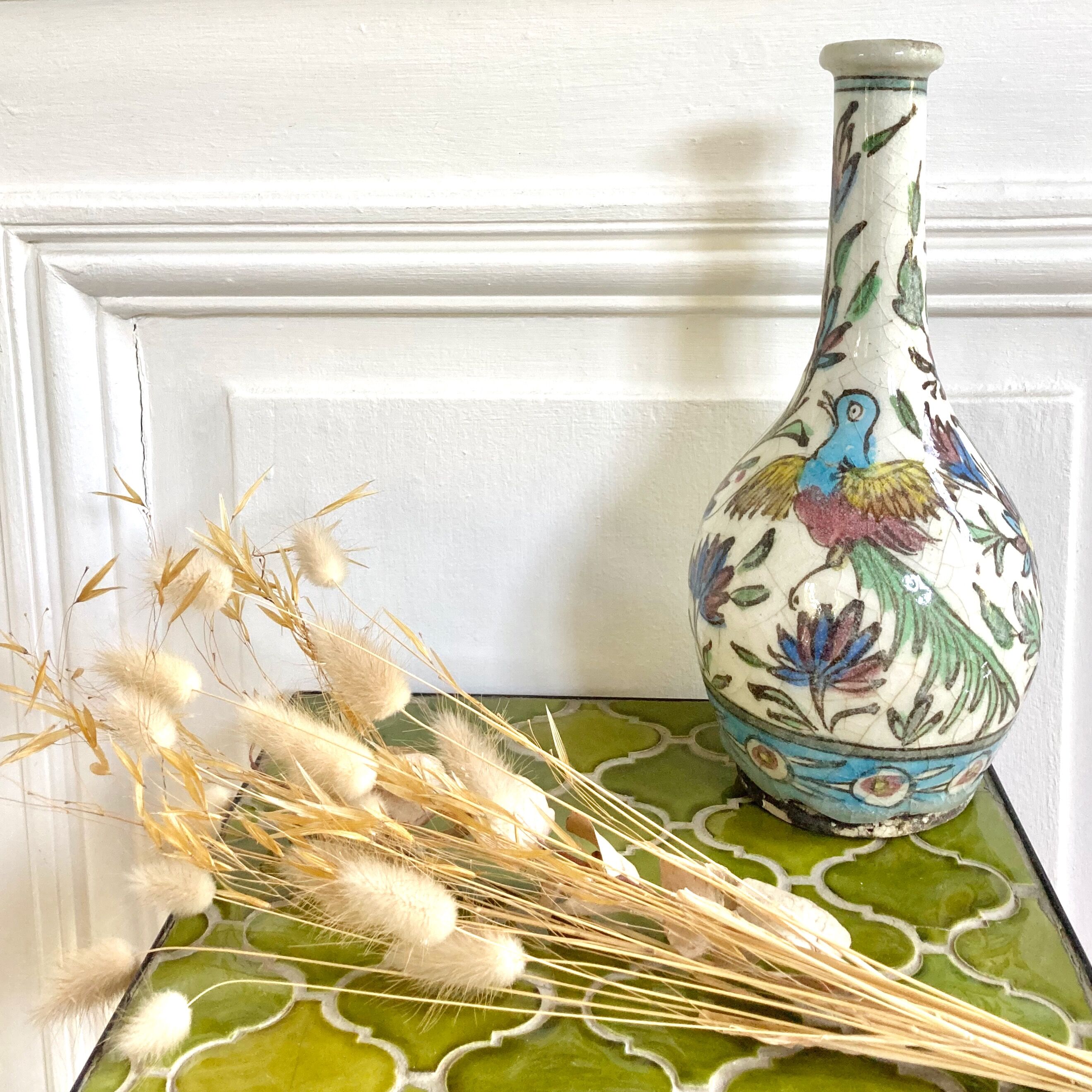 Vase céramique craquelée décor oiseaux