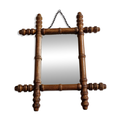 Petit miroir mural ancien en bois tourné façon bambou, XIXe, 38 x 32  cm