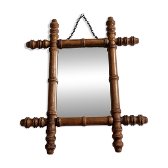Petit miroir mural ancien en bois tourné façon bambou, XIXe, 38 x 32  cm