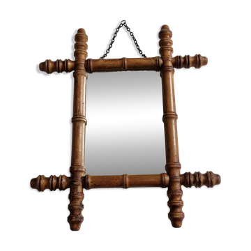 Petit miroir mural ancien en bois tourné façon bambou, XIXe, 38 x 32  cm
