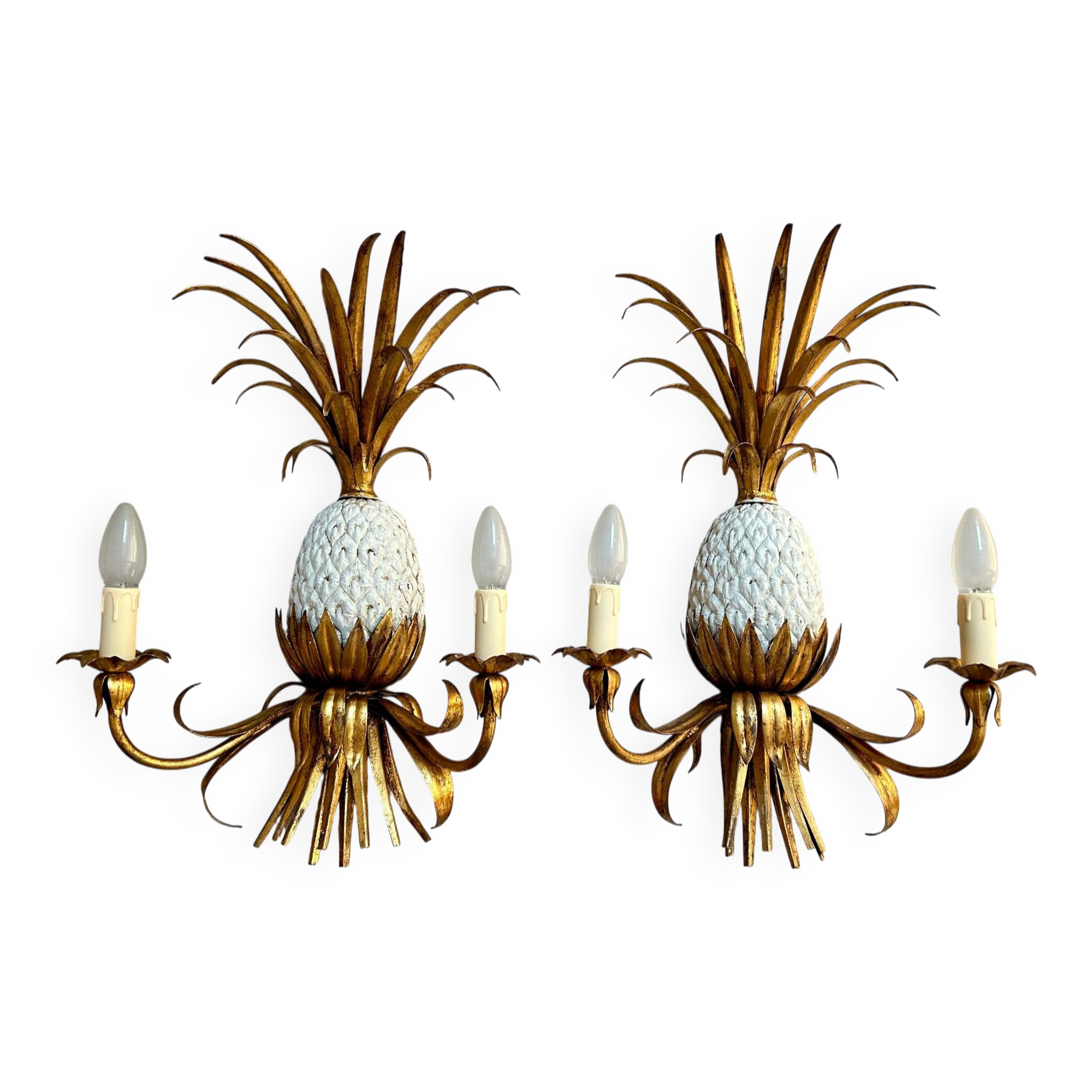 Pair of pineapple wall lights, in the style of Maison Charles / Jansen, 1960s, Hollywood Regency.