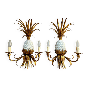 Pair of pineapple wall lights, in the style of Maison Charles / Jansen, 1960s, Hollywood Regency.
