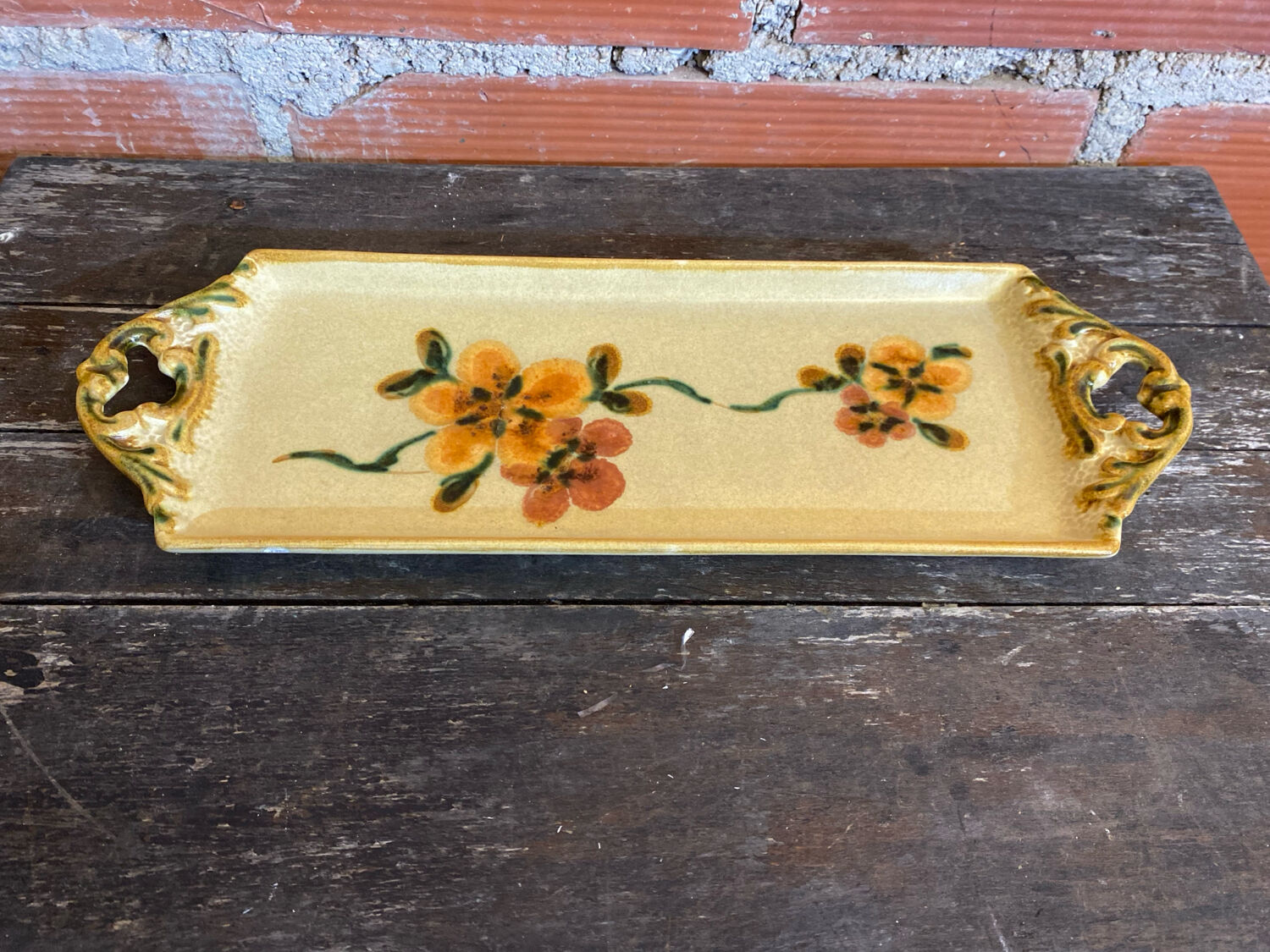 Vintage yellow ceramic cake dish argilart with flower decoration