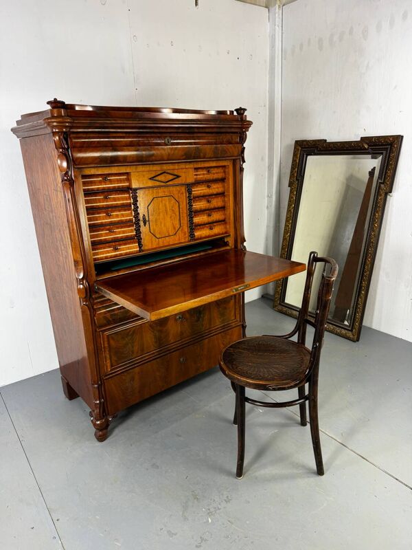 Bureau secrétaire en chêne et acajou Biedermeier vintage bien fait, 1860