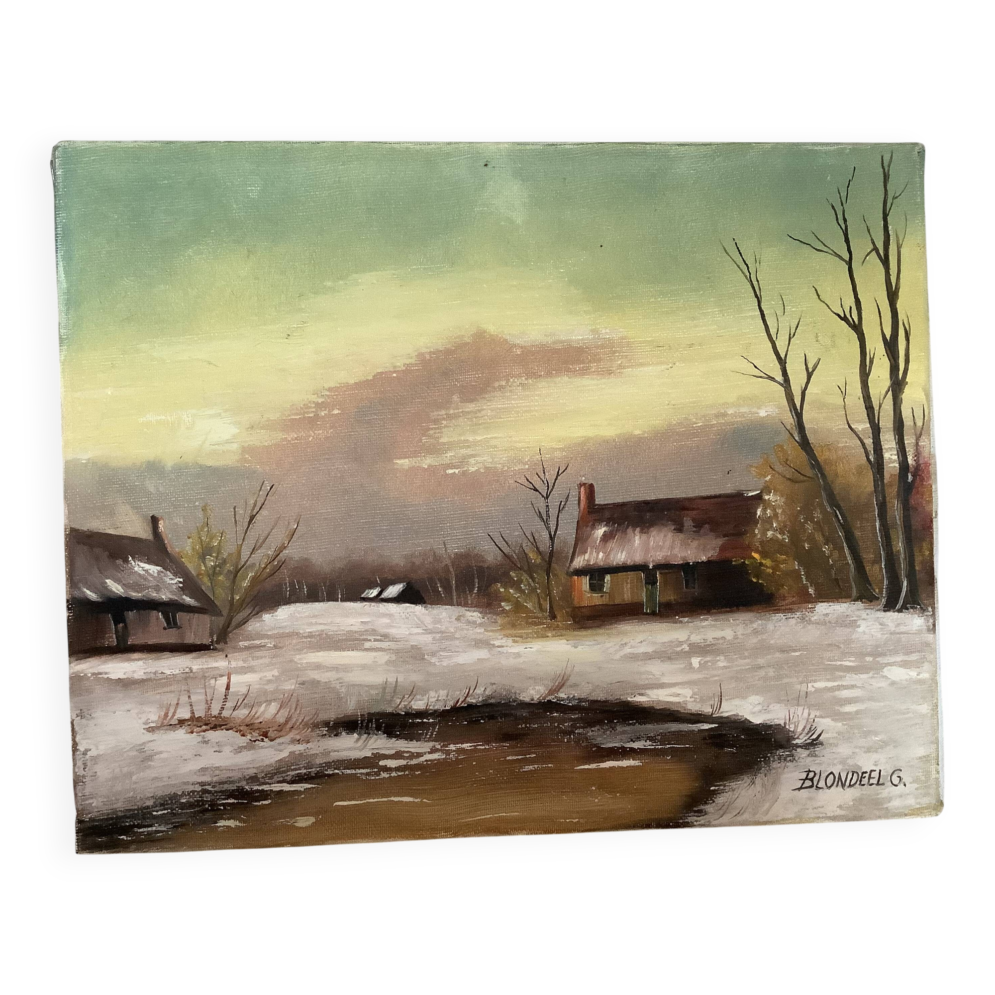 Small winter landscape painting, oil on canvas, signed.
