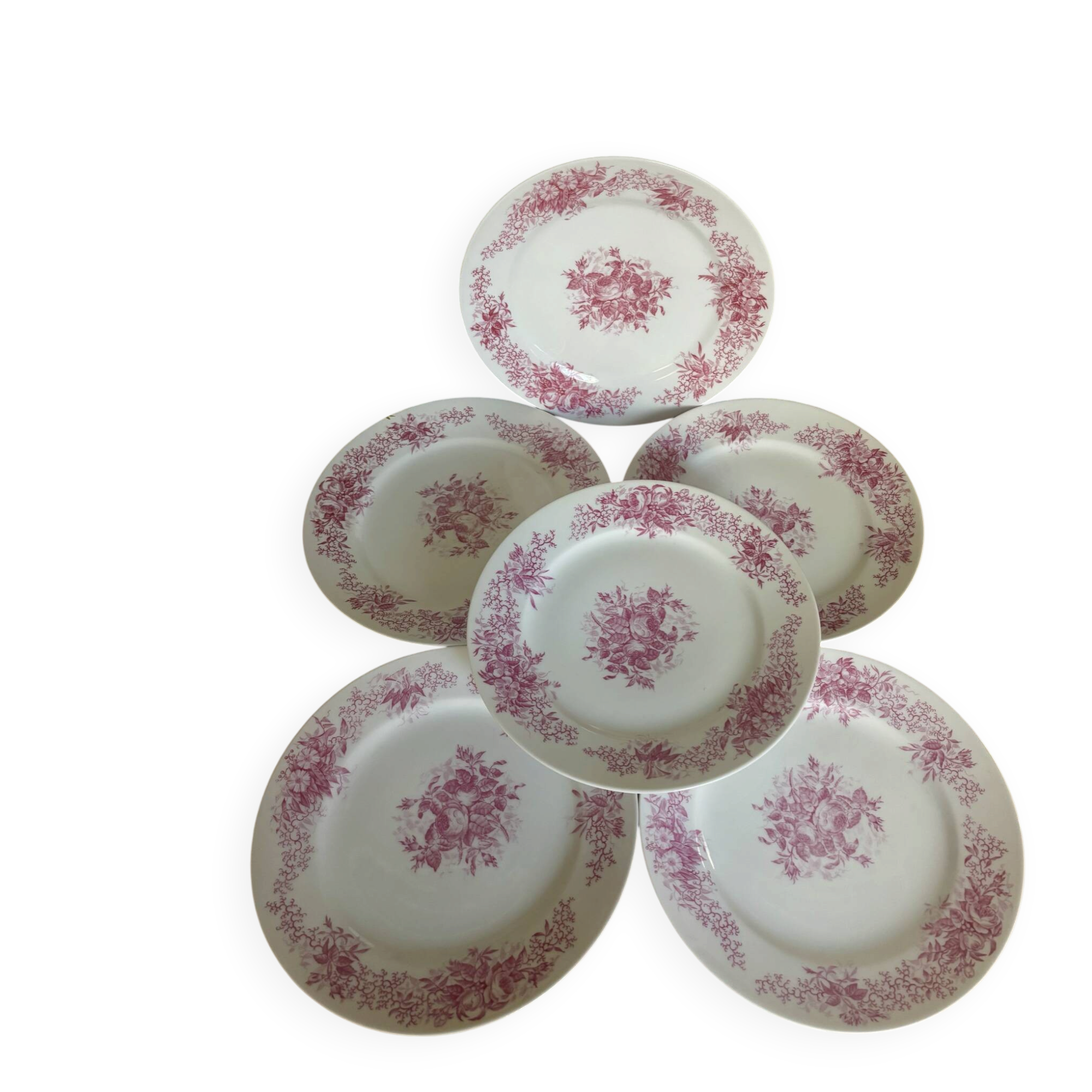 Set of 6 antique dessert plates in porcelain with pink flowers.