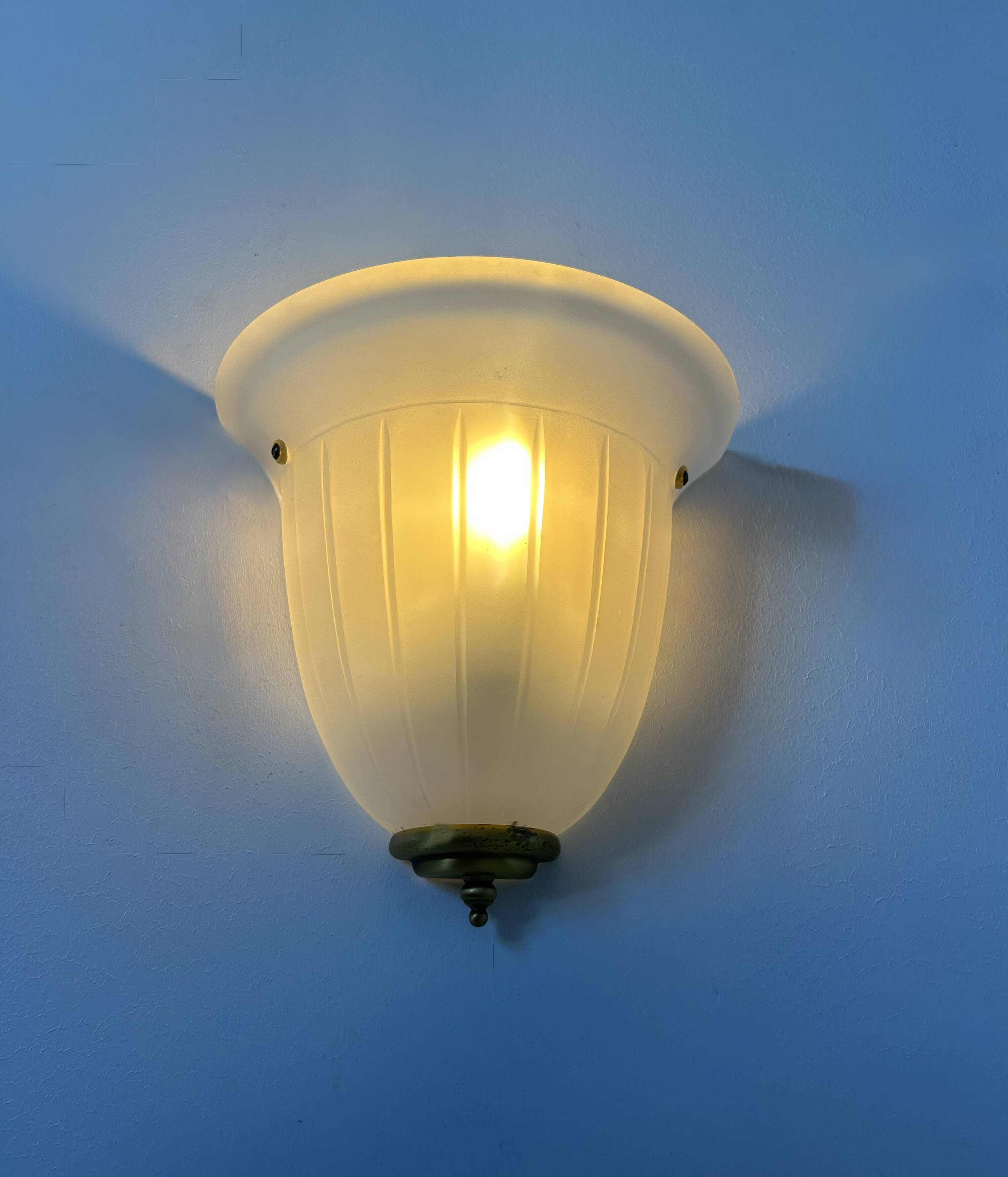 Pair of vintage wall lights, brass and sandblasted glass, France 1970