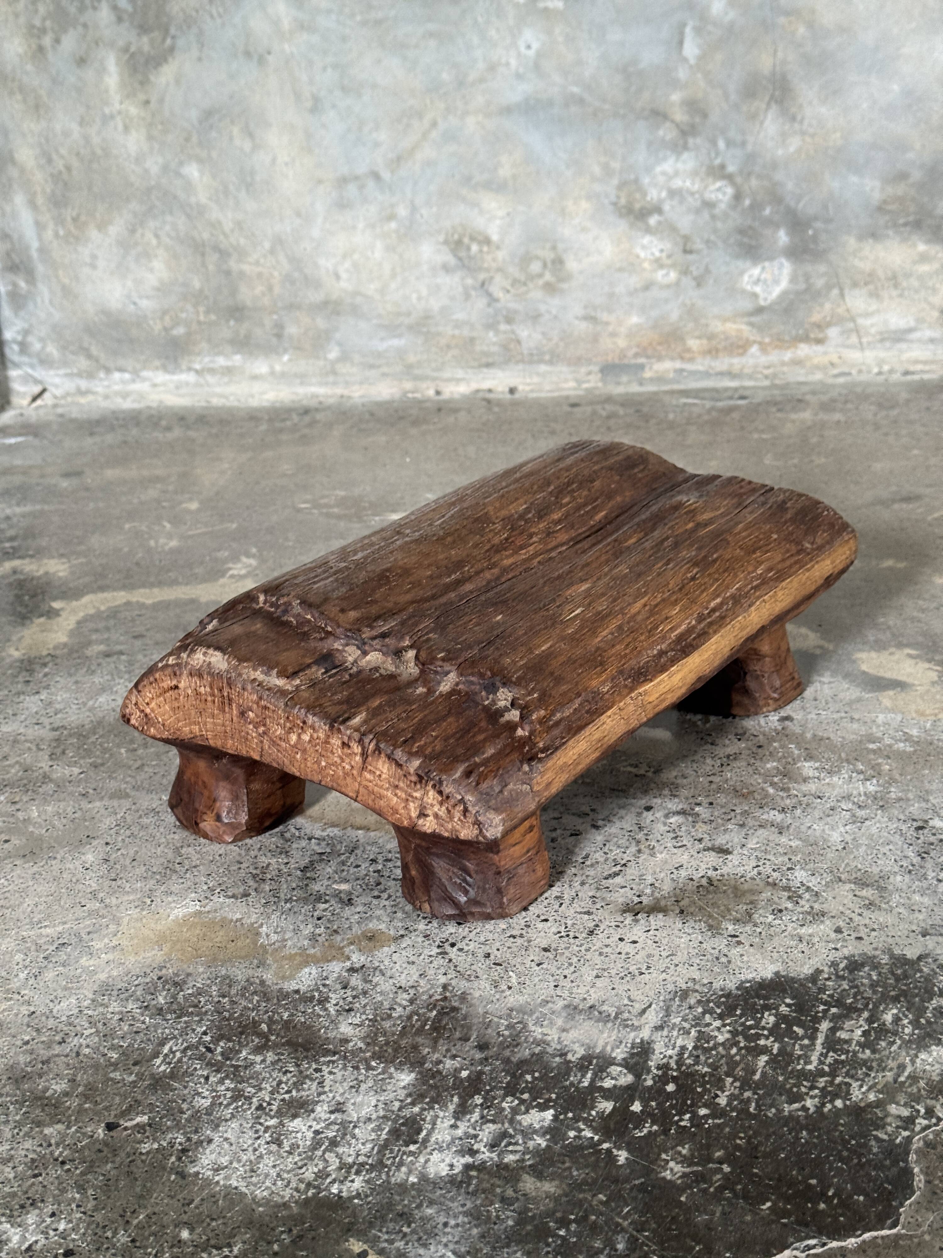 Small stool, footrest in organic blond teak monoxyle wabi-sabi L22