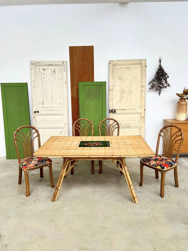 Table à manger Audoux Minet bambou rotin céramique signée La Roue Vallauris