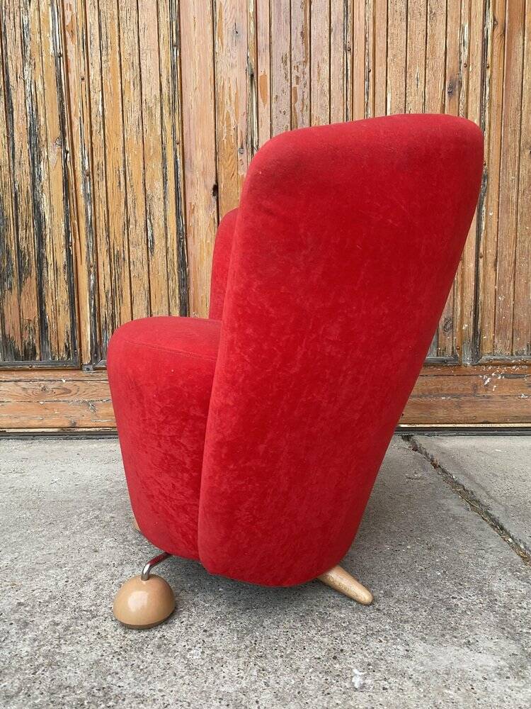 Vintage red cocktail chair in fabric, light wood ball feet - 1950s