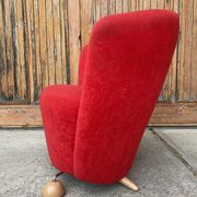 Vintage red cocktail chair in fabric, light wood ball feet - 1950s