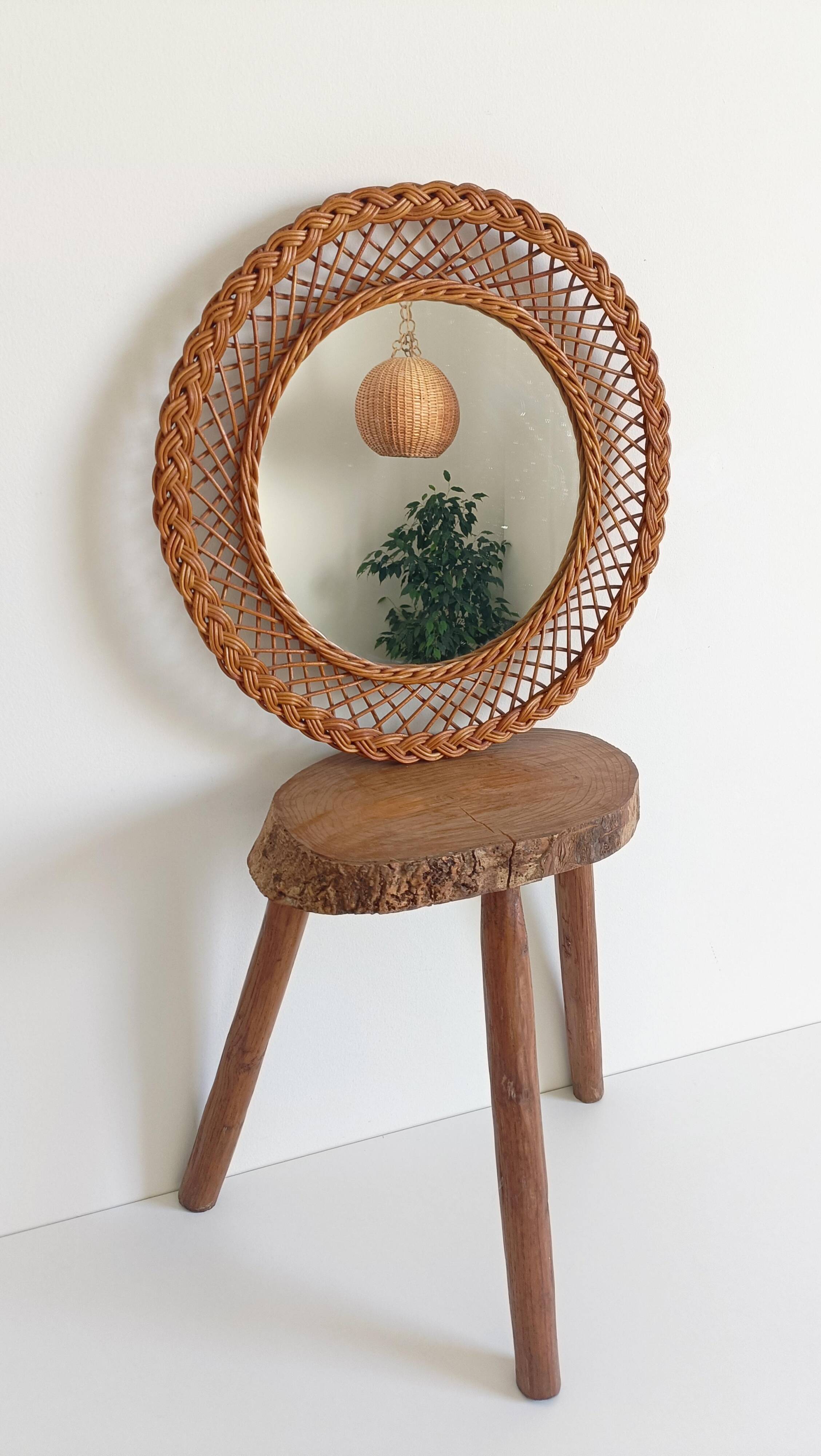 Rustic French Provence Wicker Round Mirror, Organic Modern, Handmade, France