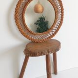 Rustic French Provence Wicker Round Mirror, Organic Modern, Handmade, France