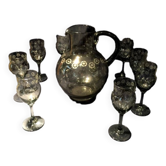 Daum nancy smoke color cooked port or wine service jug and 9 foot glasses