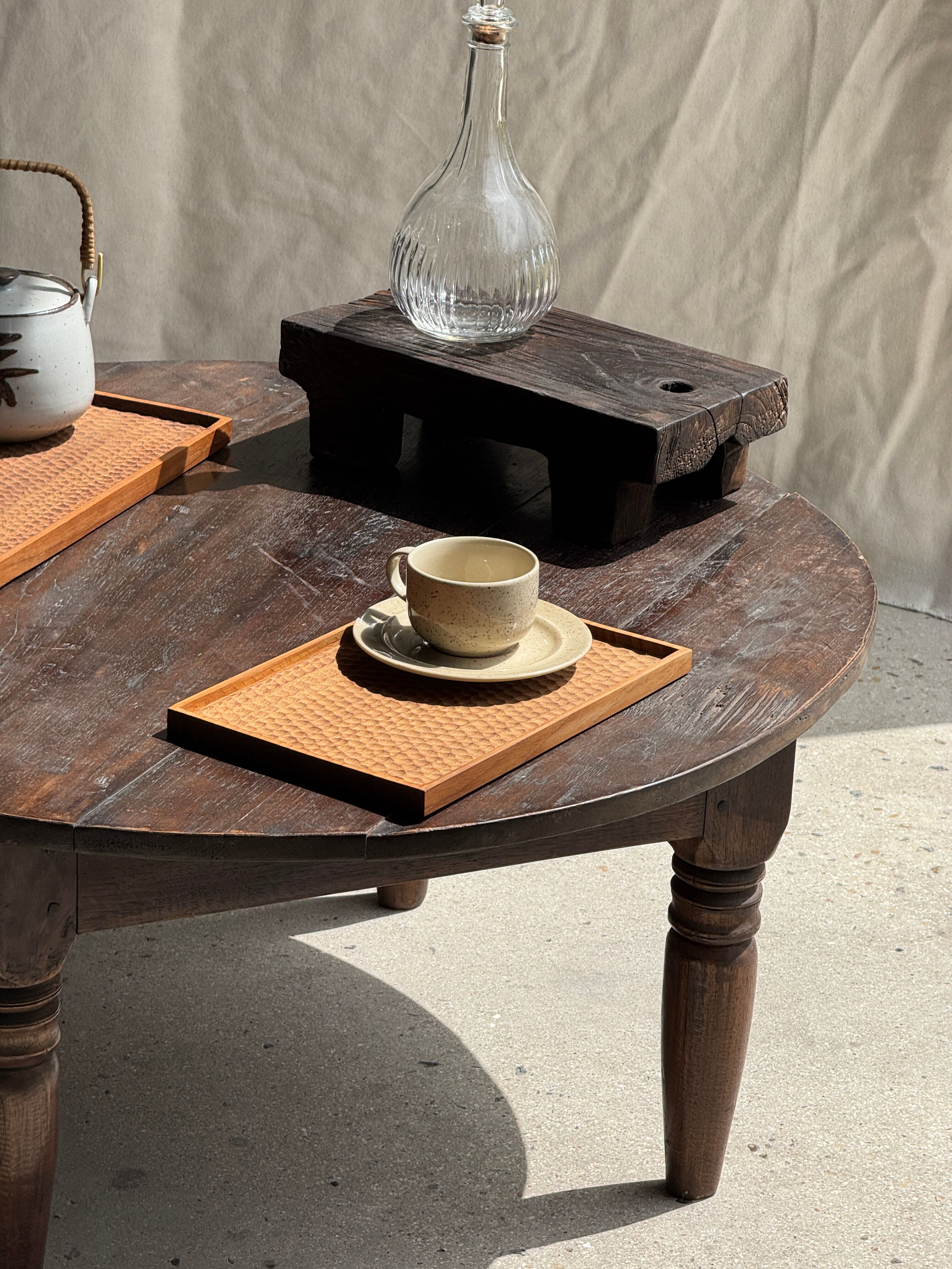 Rectangular solid teak plateau with carved edges 27x18.