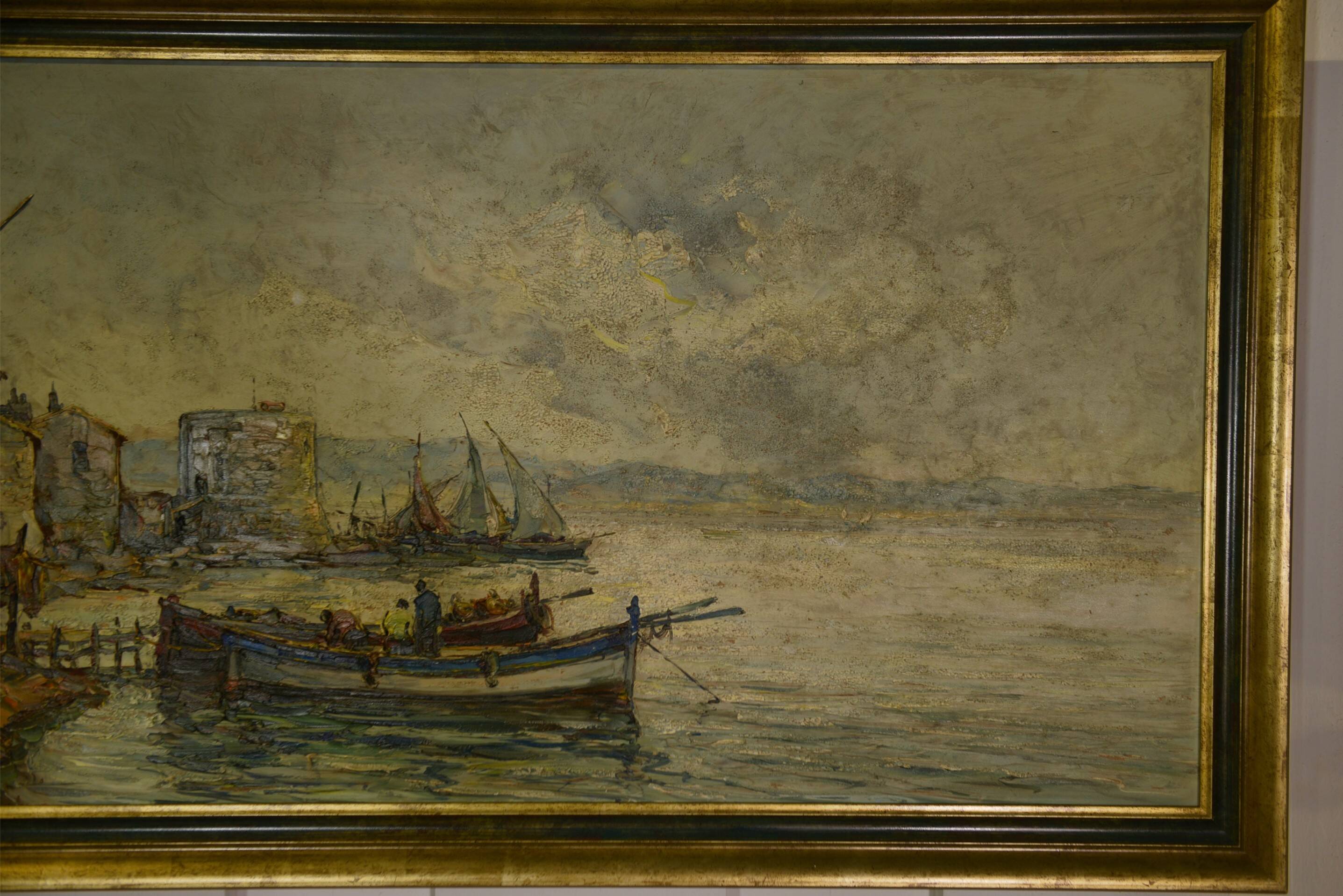 Tableau peinture sur bois impressionniste "Port de pêche" de Maurice Barle, 1940