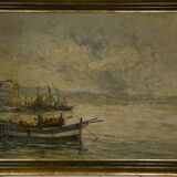 Tableau peinture sur bois impressionniste "Port de pêche" de Maurice Barle, 1940